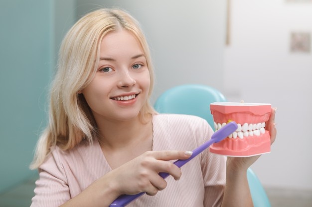 cheerful-young-woman-smiling-camera-while-showing-how-brush-teeth-correctly-jaw-model_118628-2796